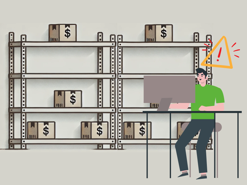 Illustration of a person sitting at a desk, working on a computer, with a warning symbol above their head. Behind them are shelves with scattered packages marked with dollar signs, symbolizing inventory. The sparse shelving suggests low stock levels, creating a sense of urgency or concern.