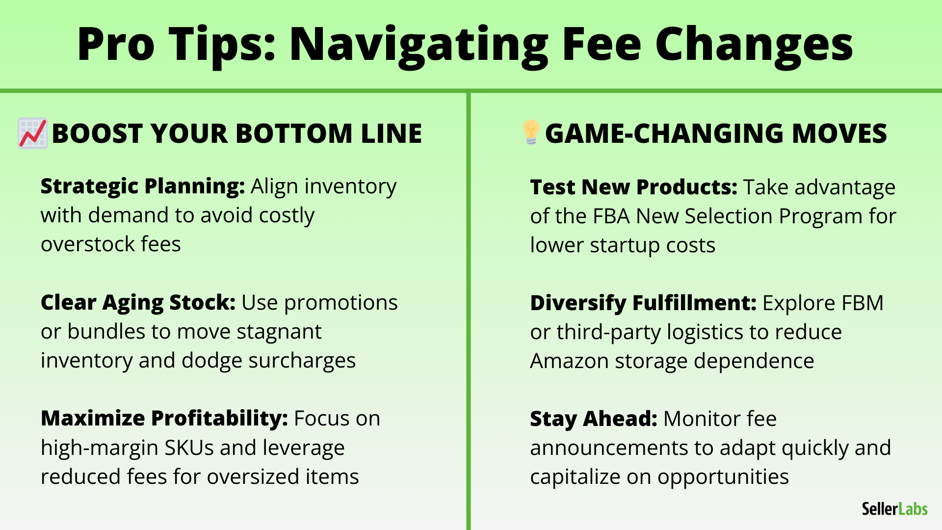 Pro Tips: Navigating Fee Changes 
Boost Your Bottom Line 
 • Strategic Planning: Align inventory with demand to avoid costly overstock fees
 • Clear Aging Stock: Use promotions or bundles to move stagnant inventory and dodge surcharges
 • Maximize Profitability: Focus on high-margin SKUs and leverage reduced fees for oversized items
Game-Changing Moves
 • Test New Products: Take advantage of the FBA New Selection Program for lower startup costs
 • Diversify Fulfillment: Explore FBM or third-party logistics to reduce Amazon storage dependence
 • Stay Ahead: Monitor fee announcements to adapt quickly and capitalize on opportunities
